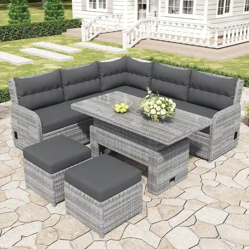 PE Rattan Sectional Sofa Set with 2 Recliners 2 Ottomans 1 Table