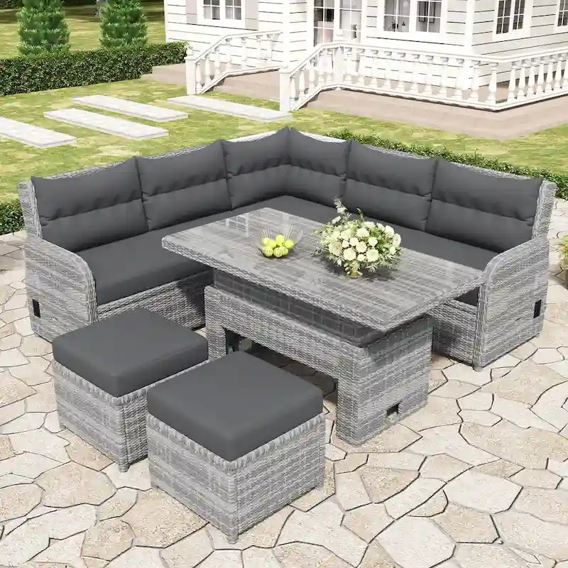 PE Rattan Sectional Sofa Set with 2 Recliners 2 Ottomans 1 Table