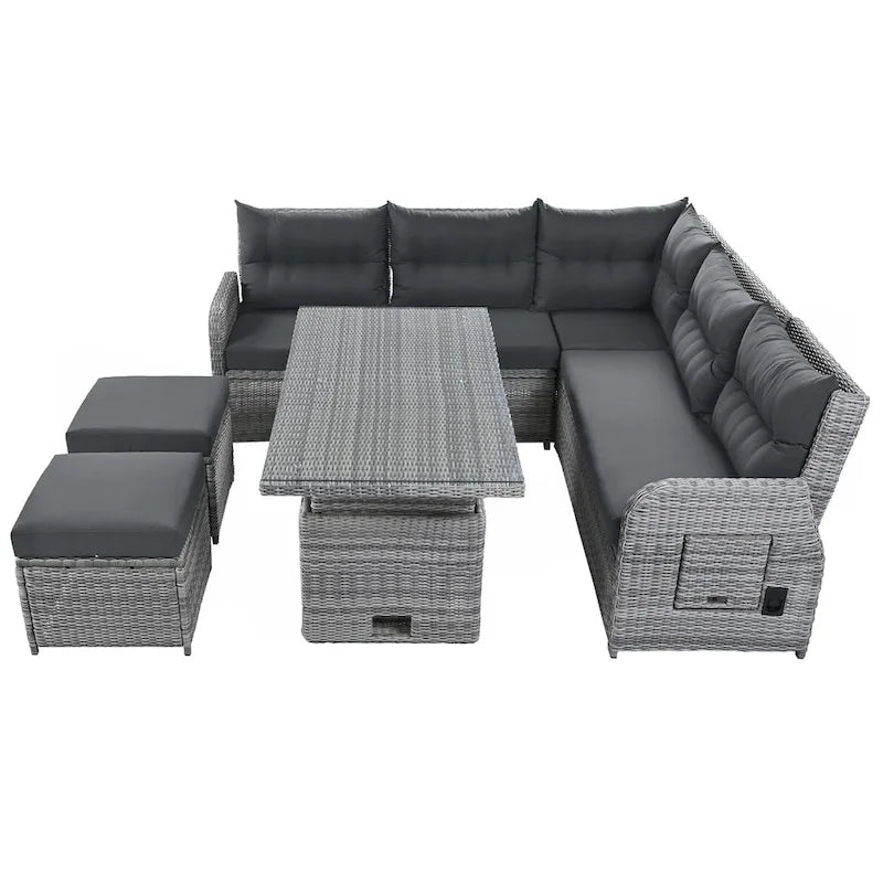 PE Rattan Sectional Sofa Set with 2 Recliners 2 Ottomans 1 Table