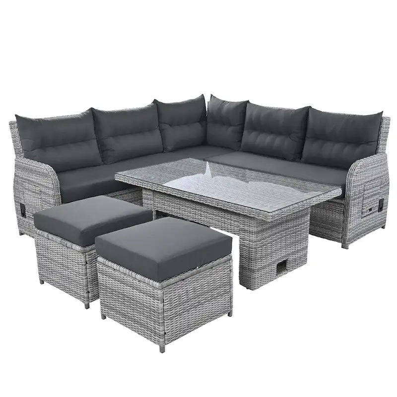 PE Rattan Sectional Sofa Set with 2 Recliners 2 Ottomans 1 Table