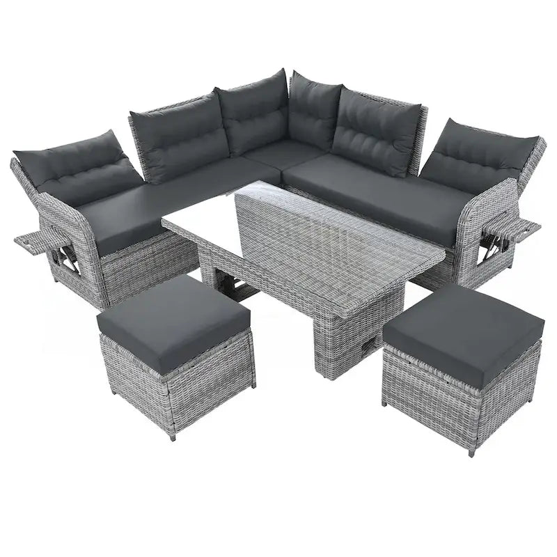 PE Rattan Sectional Sofa Set with 2 Recliners 2 Ottomans 1 Table