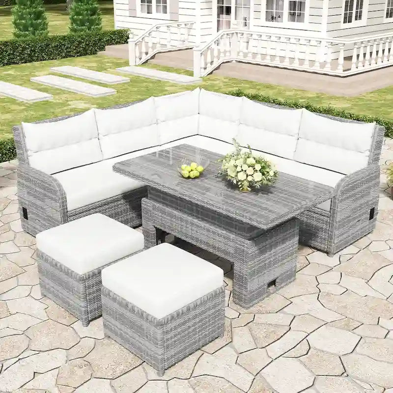 PE Rattan Sectional Sofa Set with 2 Recliners 2 Ottomans 1 Table