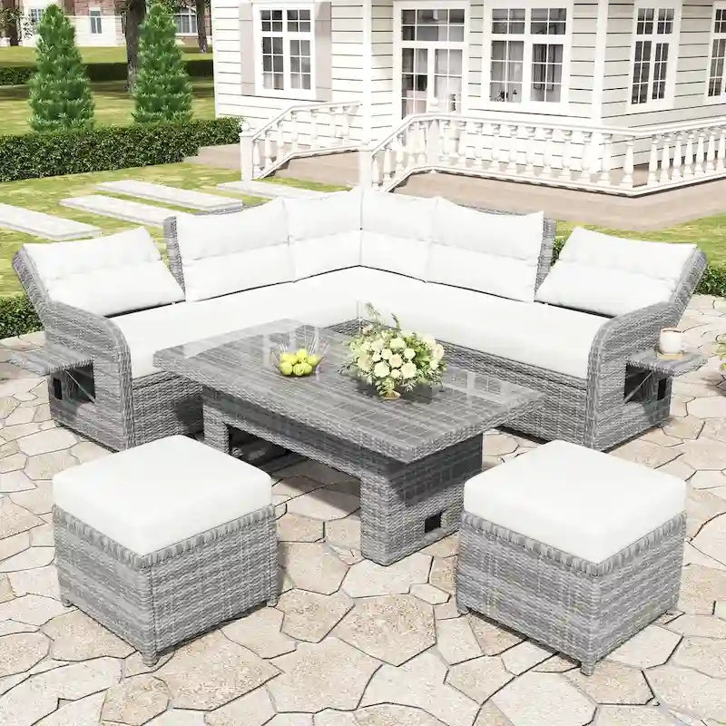 PE Rattan Sectional Sofa Set with 2 Recliners 2 Ottomans 1 Table