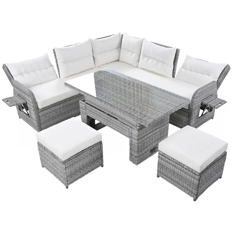 PE Rattan Sectional Sofa Set with 2 Recliners 2 Ottomans 1 Table