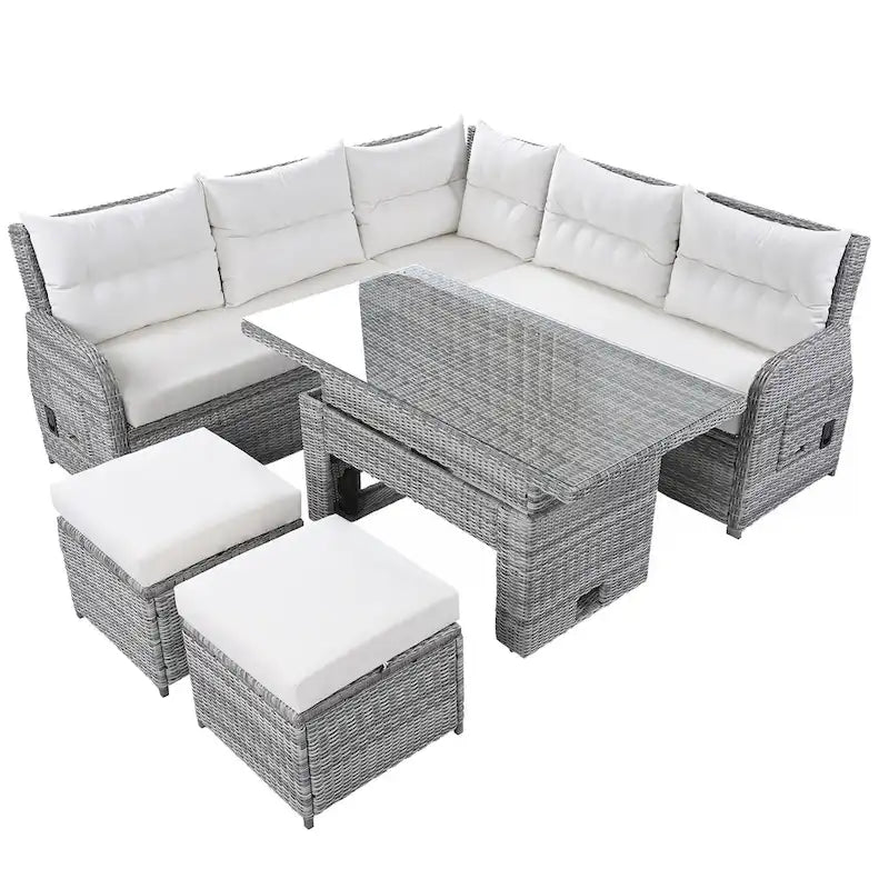 PE Rattan Sectional Sofa Set with 2 Recliners 2 Ottomans 1 Table