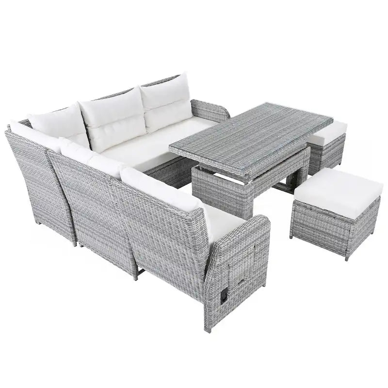 PE Rattan Sectional Sofa Set with 2 Recliners 2 Ottomans 1 Table