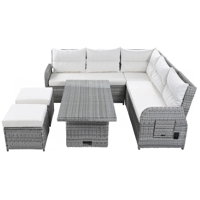 PE Rattan Sectional Sofa Set with 2 Recliners 2 Ottomans 1 Table