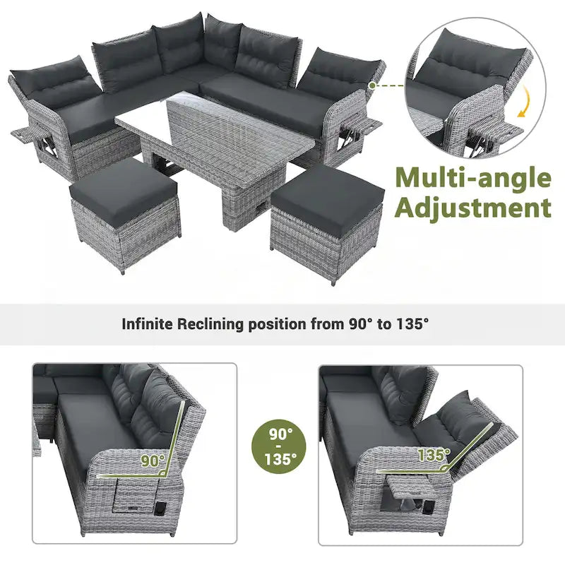 PE Rattan Sectional Sofa Set with 2 Recliners 2 Ottomans 1 Table