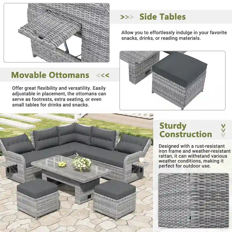 PE Rattan Sectional Sofa Set with 2 Recliners 2 Ottomans 1 Table