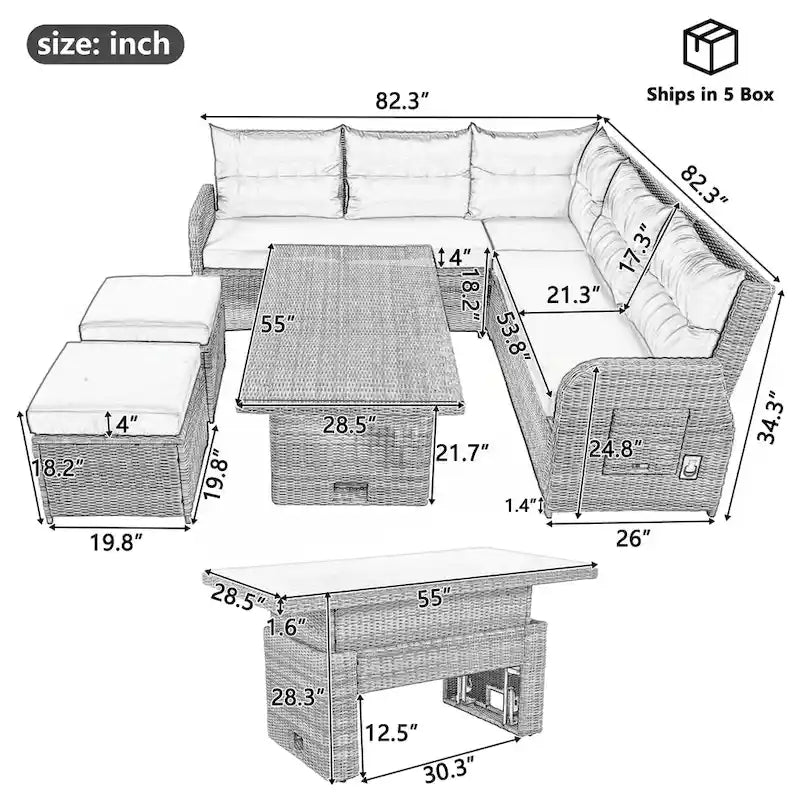 PE Rattan Sectional Sofa Set with 2 Recliners 2 Ottomans 1 Table