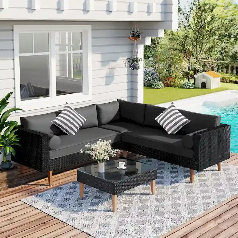 4-Piece Wicker L-Shaped Sectional Set for 4-5 People 2 Loveseats 1 Corner 1 Table with Pillows