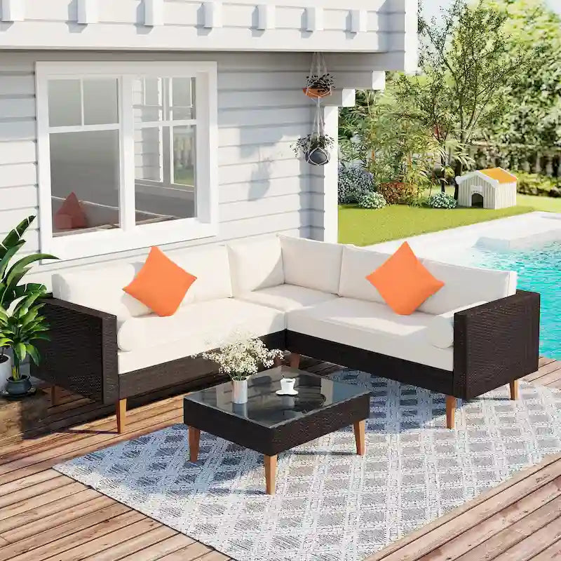 4-Piece Wicker L-Shaped Sectional Set for 4-5 People 2 Loveseats 1 Corner 1 Table with Pillows