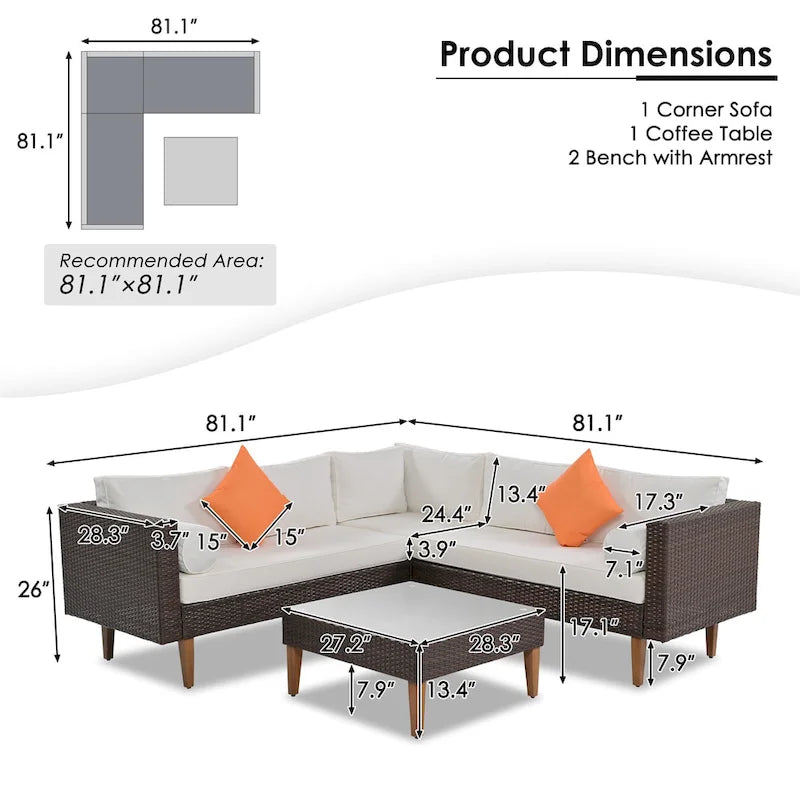 4-Piece Wicker L-Shaped Sectional Set for 4-5 People 2 Loveseats 1 Corner 1 Table with Pillows