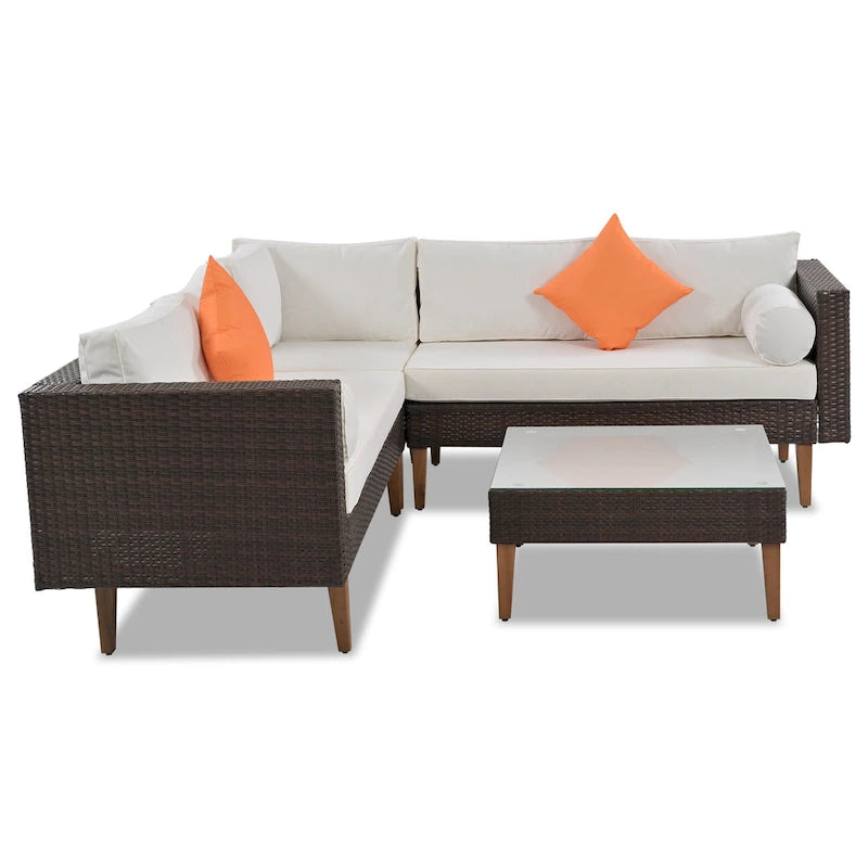 4-Piece Wicker L-Shaped Sectional Set for 4-5 People 2 Loveseats 1 Corner 1 Table with Pillows