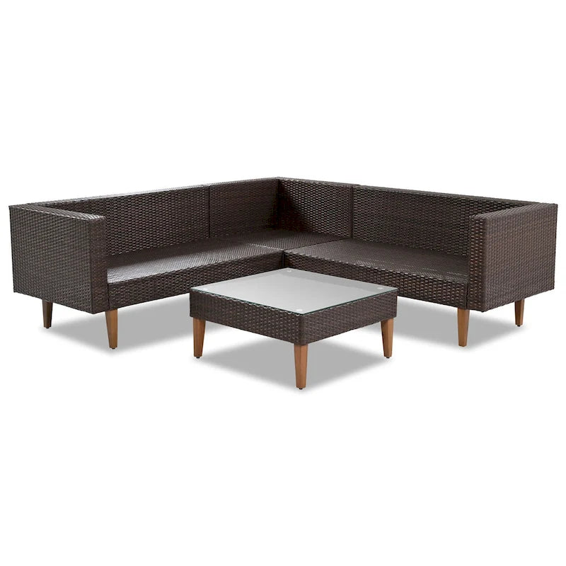4-Piece Wicker L-Shaped Sectional Set for 4-5 People 2 Loveseats 1 Corner 1 Table with Pillows