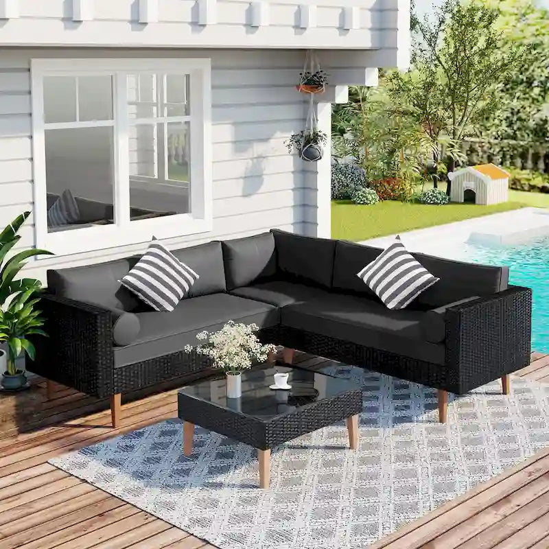 4-Piece Wicker L-Shaped Sectional Set for 4-5 People 2 Loveseats 1 Corner 1 Table with Pillows