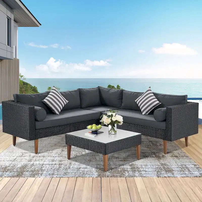 4-Piece Wicker L-Shaped Sectional Set for 4-5 People 2 Loveseats 1 Corner 1 Table with Pillows