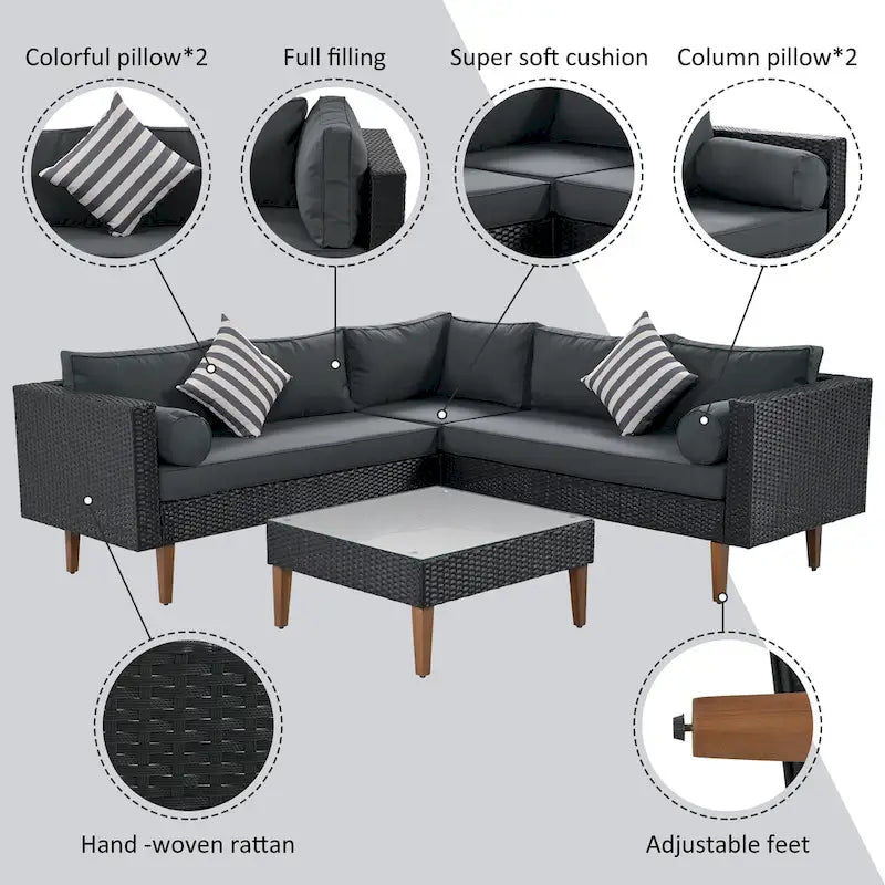 4-Piece Wicker L-Shaped Sectional Set for 4-5 People 2 Loveseats 1 Corner 1 Table with Pillows