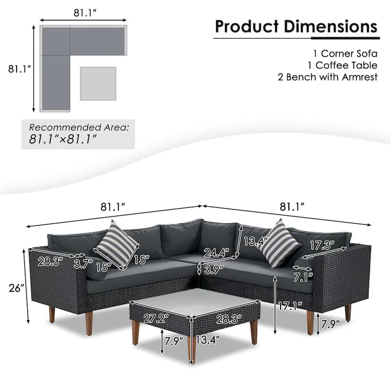 4-Piece Wicker L-Shaped Sectional Set for 4-5 People 2 Loveseats 1 Corner 1 Table with Pillows