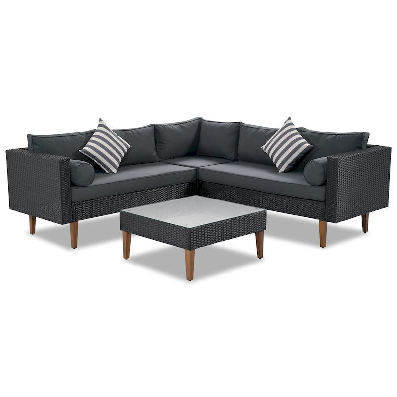 4-Piece Wicker L-Shaped Sectional Set for 4-5 People 2 Loveseats 1 Corner 1 Table with Pillows