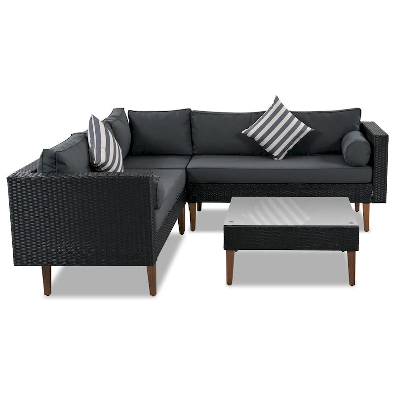 4-Piece Wicker L-Shaped Sectional Set for 4-5 People 2 Loveseats 1 Corner 1 Table with Pillows