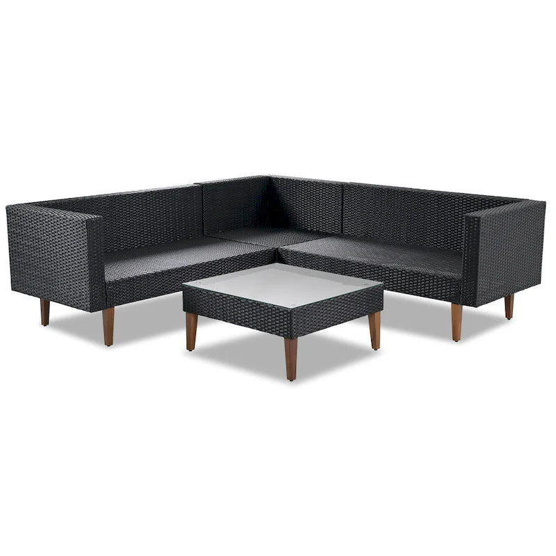 4-Piece Wicker L-Shaped Sectional Set for 4-5 People 2 Loveseats 1 Corner 1 Table with Pillows