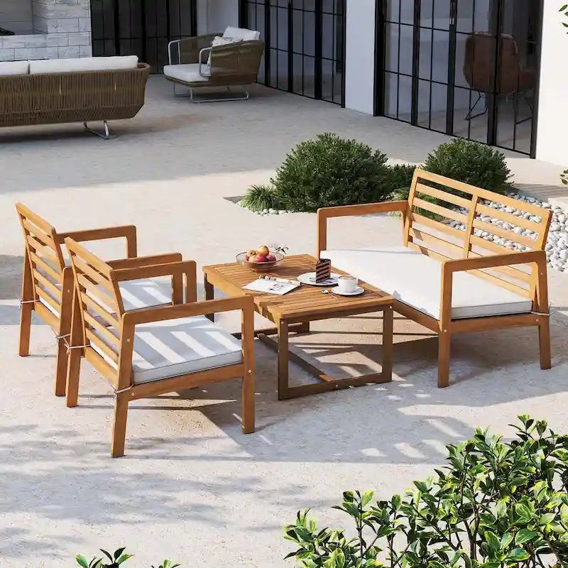 4-Piece Acacia Wood Patio Set Natural with Off-White Cushions for 4 People