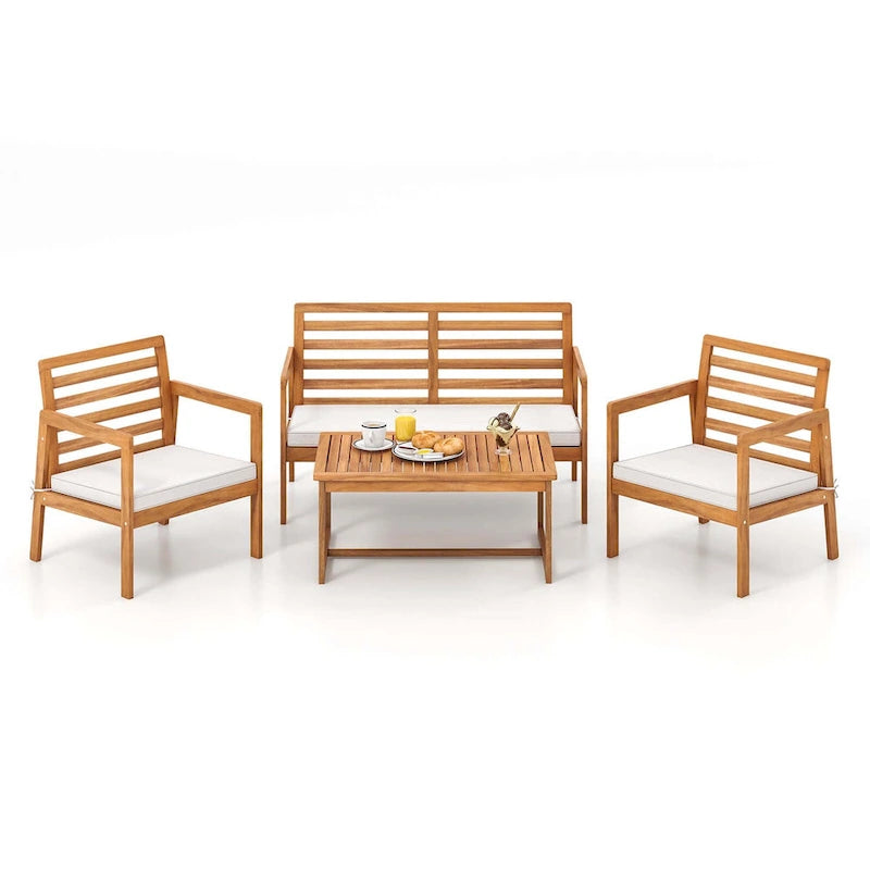 4-Piece Acacia Wood Patio Set Natural with Off-White Cushions for 4 People