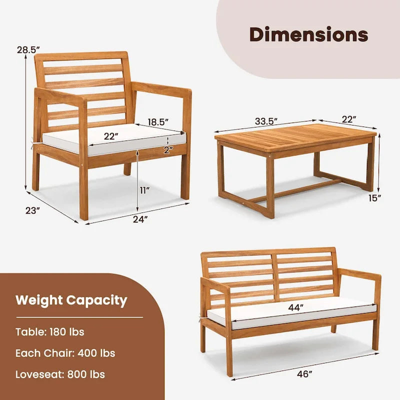 4-Piece Acacia Wood Patio Set Natural with Off-White Cushions for 4 People