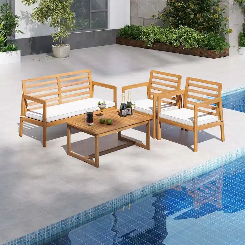 4-Piece Acacia Wood Patio Set Natural with Off-White Cushions for 4 People
