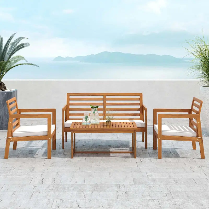 4-Piece Acacia Wood Patio Set Natural with Off-White Cushions for 4 People