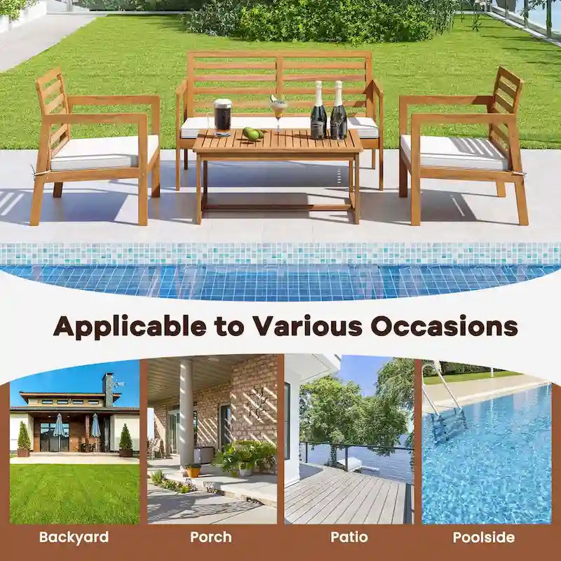 4-Piece Acacia Wood Patio Set Natural with Off-White Cushions for 4 People