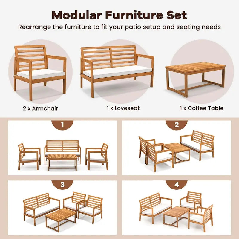4-Piece Acacia Wood Patio Set Natural with Off-White Cushions for 4 People