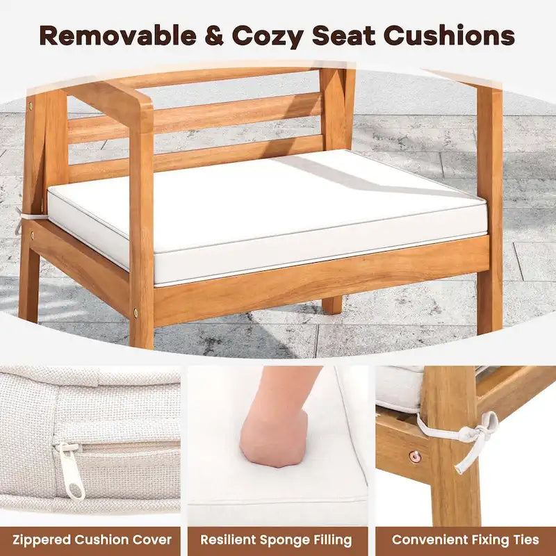 4-Piece Acacia Wood Patio Set Natural with Off-White Cushions for 4 People