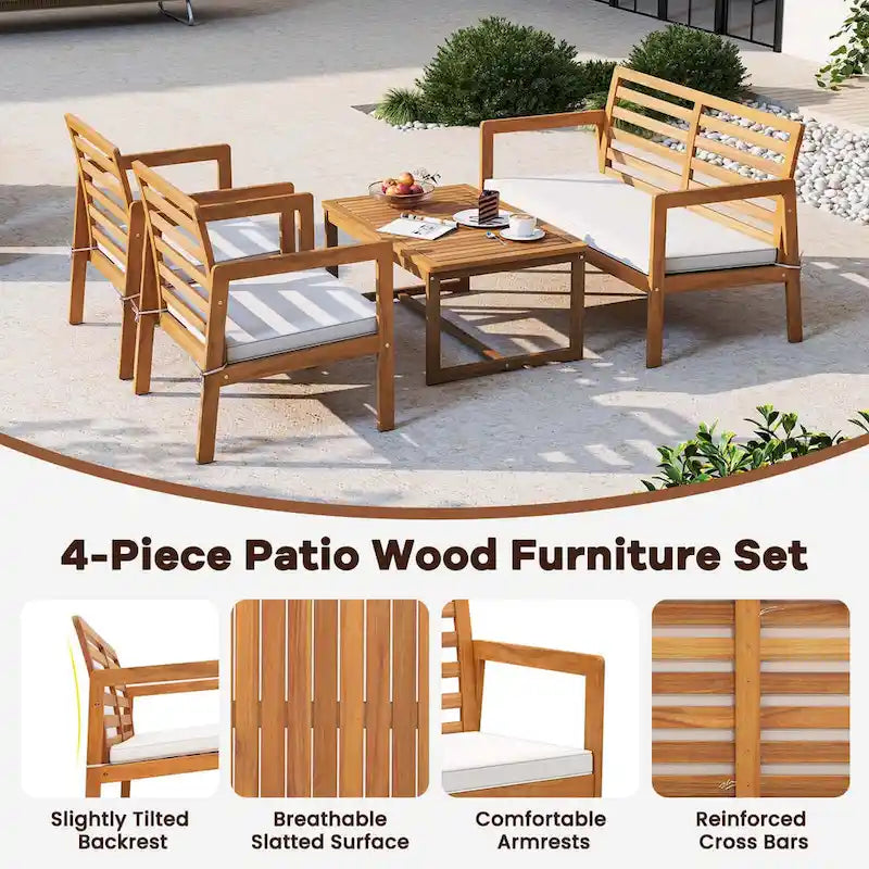 4-Piece Acacia Wood Patio Set Natural with Off-White Cushions for 4 People