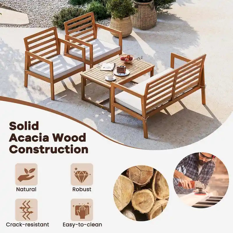 4-Piece Acacia Wood Patio Set Natural with Off-White Cushions for 4 People