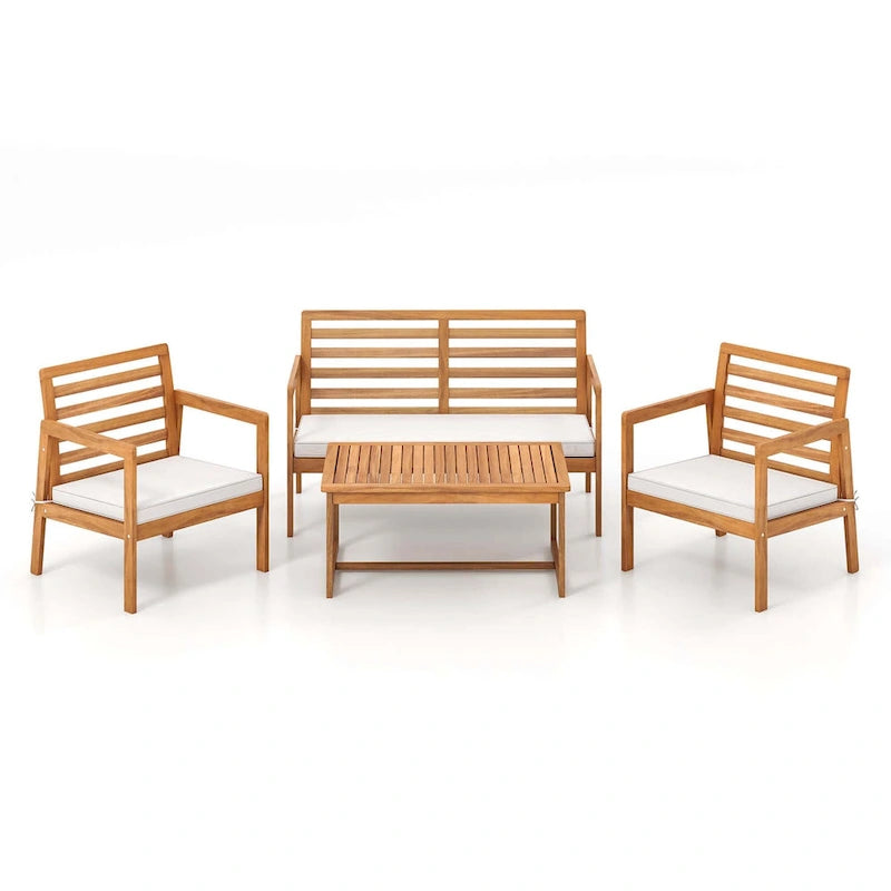 4-Piece Acacia Wood Patio Set Natural with Off-White Cushions for 4 People