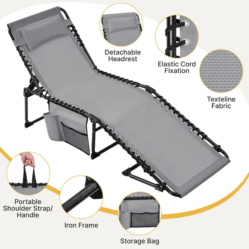 Folding Tanning Lounge Chair Gray/Beige 5 Adjustable Positions Textilene