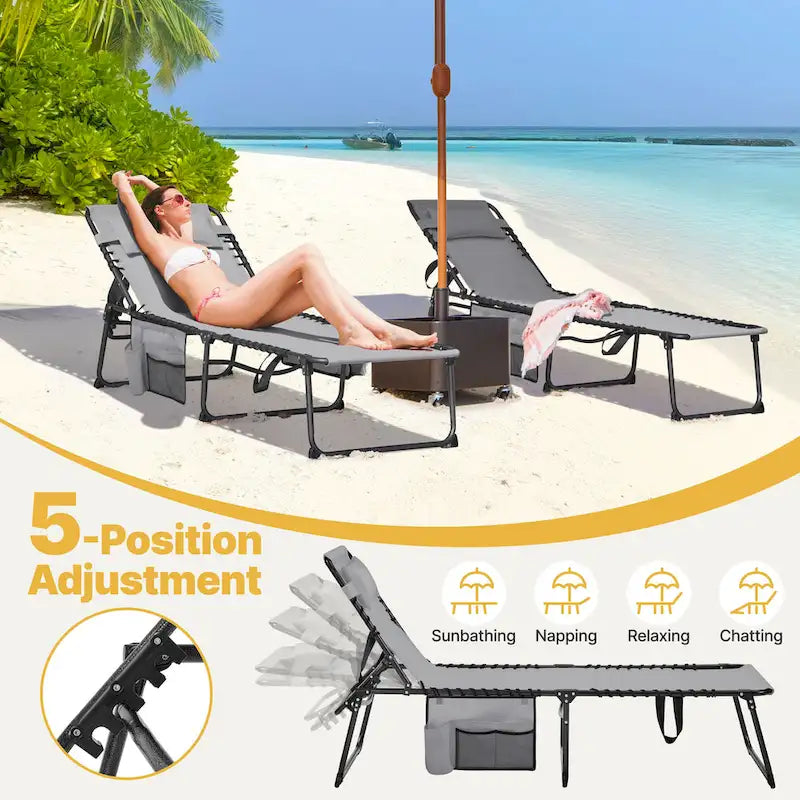 Folding Tanning Lounge Chair Gray/Beige 5 Adjustable Positions Textilene
