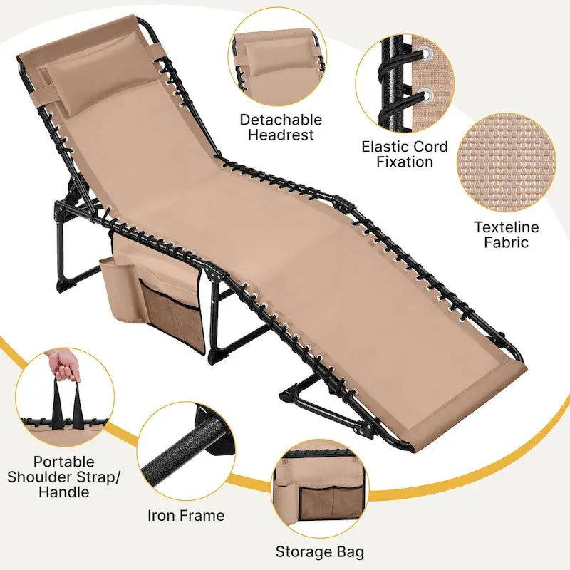 Folding Tanning Lounge Chair Gray/Beige 5 Adjustable Positions Textilene