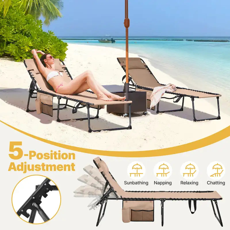 Folding Tanning Lounge Chair Gray/Beige 5 Adjustable Positions Textilene