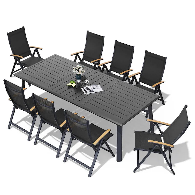 Aluminum Patio Dining Set with Umbrella Hole 7 or 9 Pieces Folding Chairs
