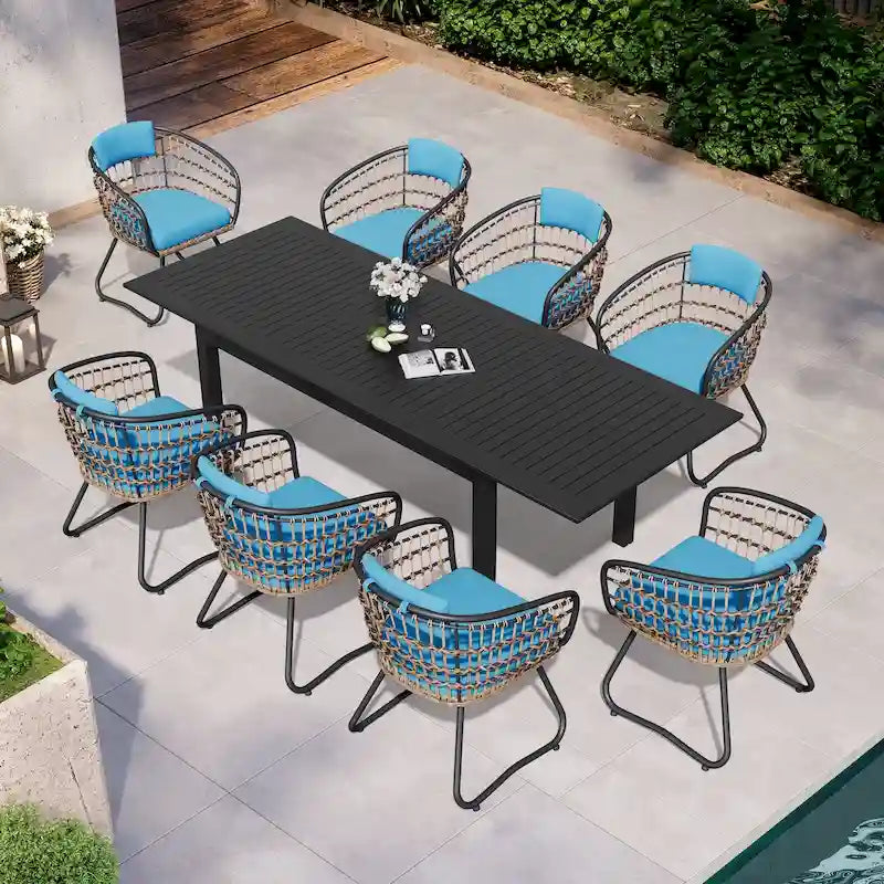 9-Piece Extendable Aluminum Dining Set for 6-8 People 8 Rattan Chairs 1 Table