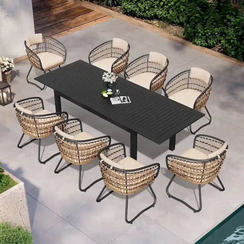 9-Piece Extendable Aluminum Dining Set for 6-8 People 8 Rattan Chairs 1 Table