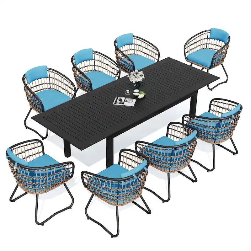9-Piece Extendable Aluminum Dining Set for 6-8 People 8 Rattan Chairs 1 Table
