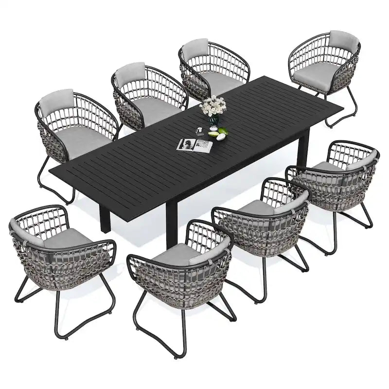 9-Piece Extendable Aluminum Dining Set for 6-8 People 8 Rattan Chairs 1 Table