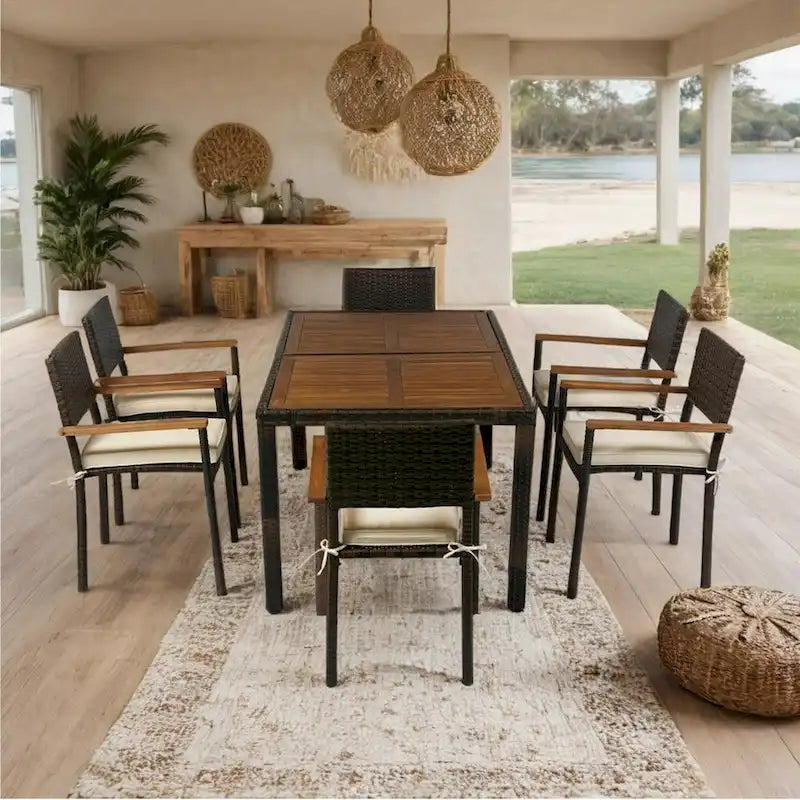 7 Pieces Outdoor Dining Set, Patio Conversation Set with 6 Chairs, Outdoor Table and Chairs Set with Cushion