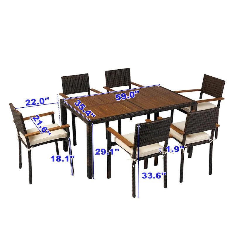 7-Piece Patio Dining Set for 6 People PE Wicker Chairs Acacia Wood Table