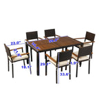 7-Piece Patio Dining Set for 6 People PE Wicker Chairs Acacia Wood Table