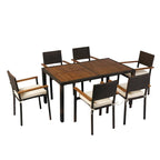 7-Piece Patio Dining Set for 6 People PE Wicker Chairs Acacia Wood Table